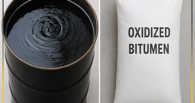 Penetration vs Oxidized Bitumen comparison — penetration bitumen in a metal drum beside oxidized bitumen packed in a white bag, showing visual and packaging differences.
