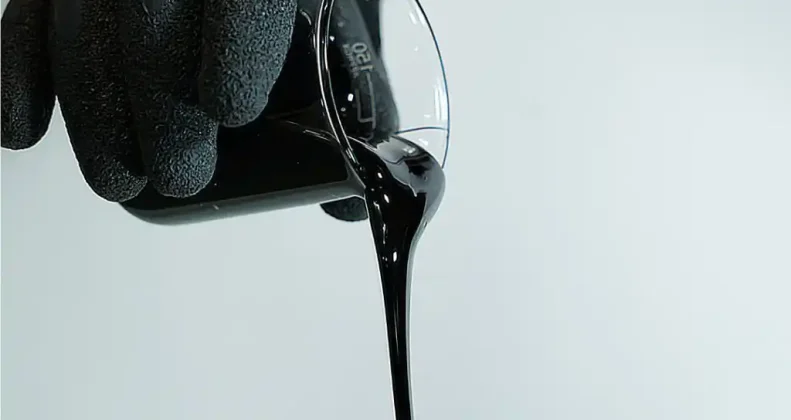 Gloved laboratory technician carefully pouring a liquid bitumen sample from a glass beaker to measure its density and specific gravity
