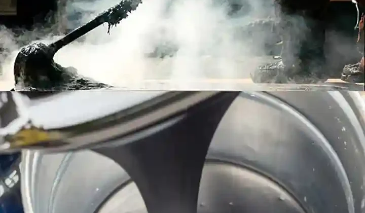 Visual comparison showing safe application of emulsion bitumen spray versus steaming hot bitumen pouring for road construction