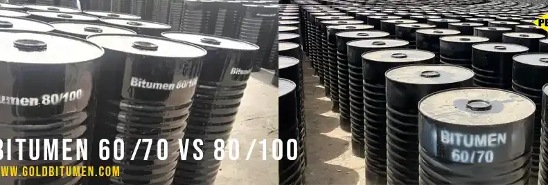 Export-ready steel drums of Bitumen 60/70 and 80/100 grades arranged side-by-side for a comparative guide on choosing the right penetration grade