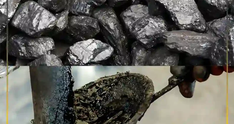 Visual comparison showing solid natural bitumen chunks above and liquid petroleum bitumen below highlighting their key physical differences