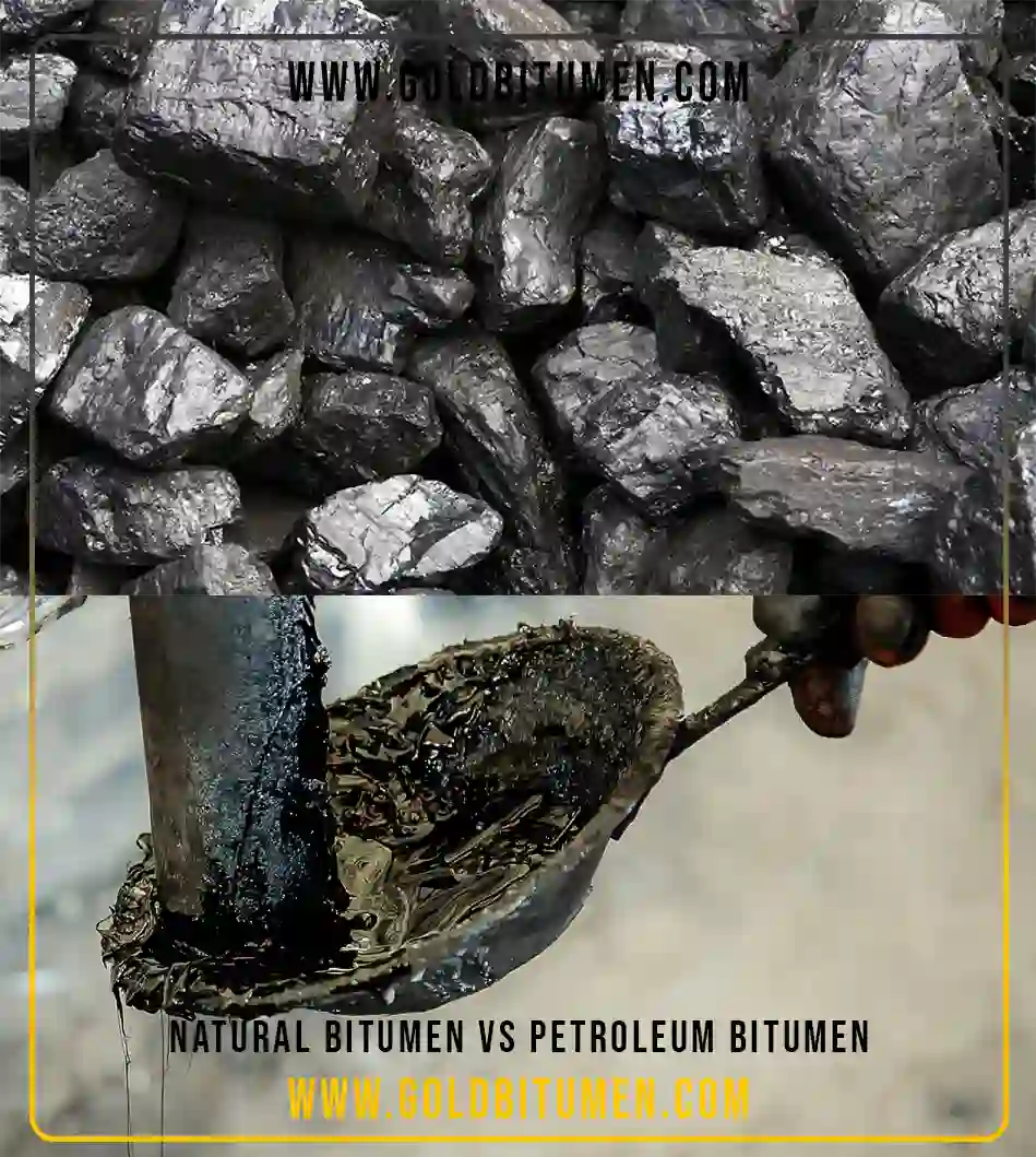 Visual comparison showing solid natural bitumen chunks above and liquid petroleum bitumen below highlighting their key physical differences