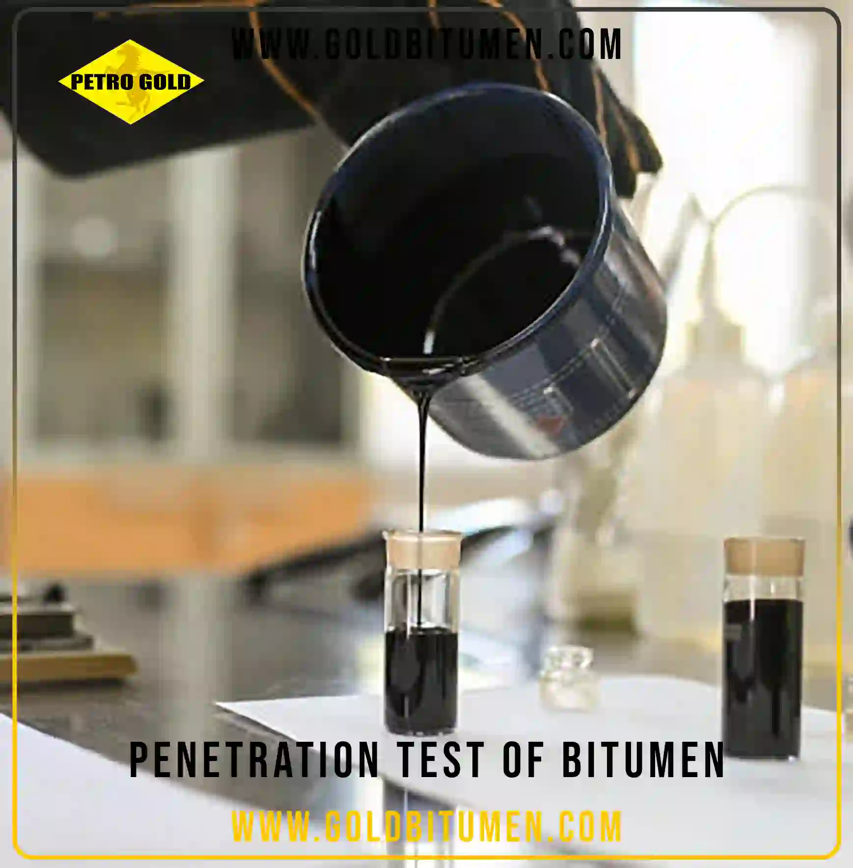 Laboratory technician pouring hot liquid bitumen into a sample container to prepare for a standard penetration grade test and hardness measurement