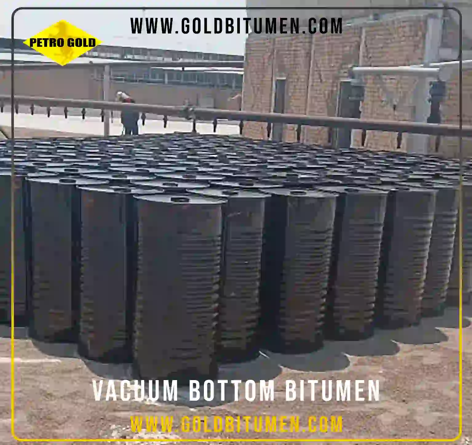 Large-scale outdoor storage of vacuum bottom bitumen packed in steel drums serving as raw material for further petroleum refinery processing