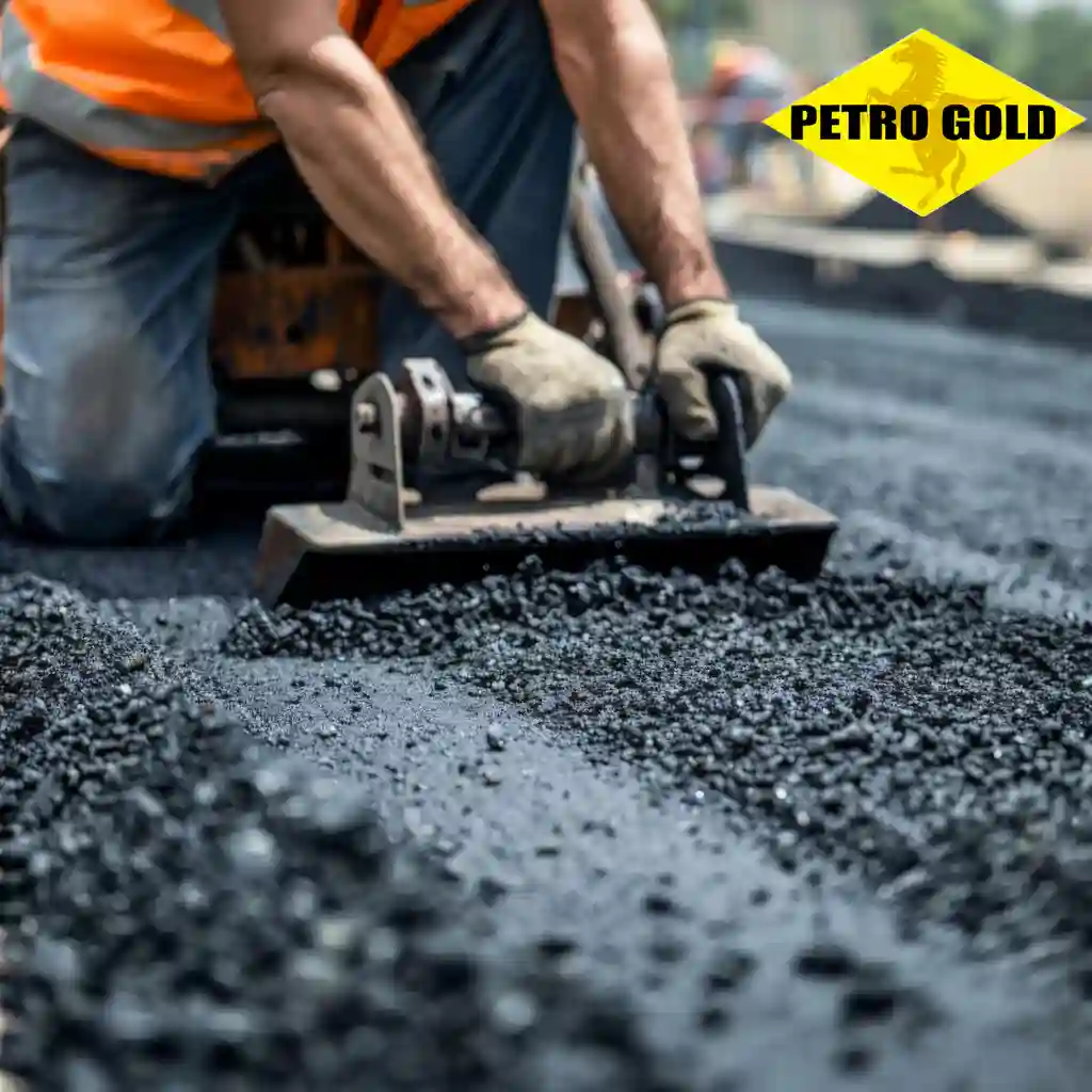 Cold mix bitumen being manually compacted during road maintenance using refinery-produced asphalt material