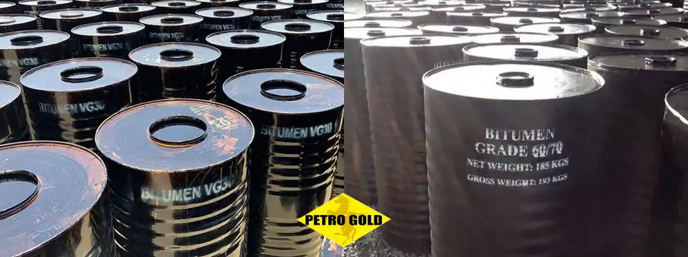 Side-by-side visual comparison of Bitumen Grade 60/70 and Bitumen VG 30 packed in standard 185 kg steel drums