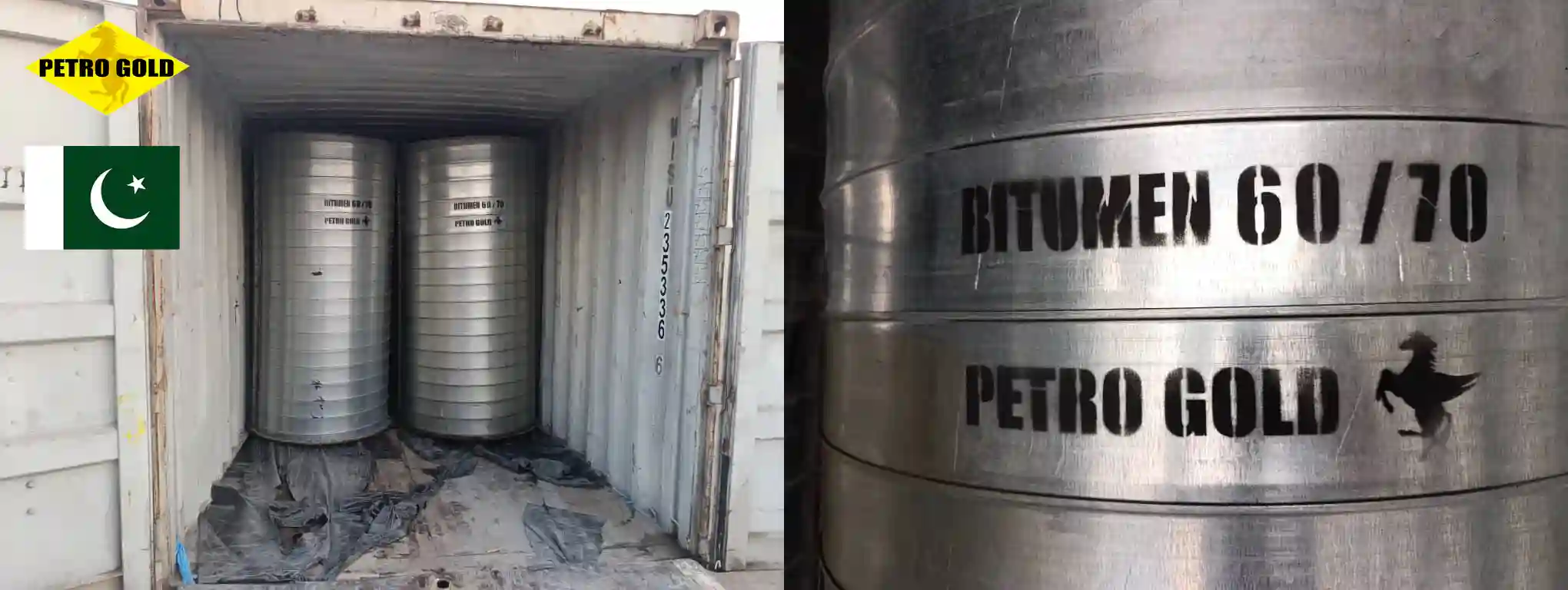 Shipping container loaded with Petro Gold bitumen 60/70 steel drums from a reliable bitumen supplier in Pakistan