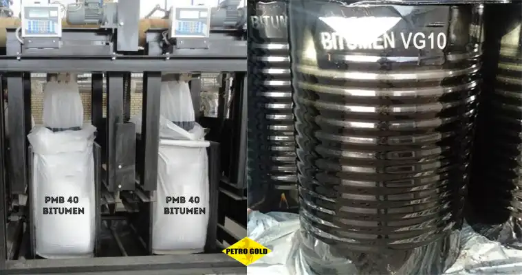 Visual comparison of PMB 40 polymer modified bitumen in jumbo bags versus VG 10 viscosity grade in steel drums