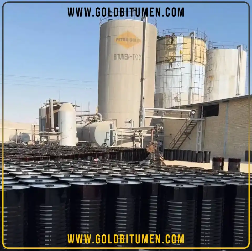Petro Gold refinery storage tanks and barrels producing Bitumen PG 64-16 for high-performance asphalt pavements