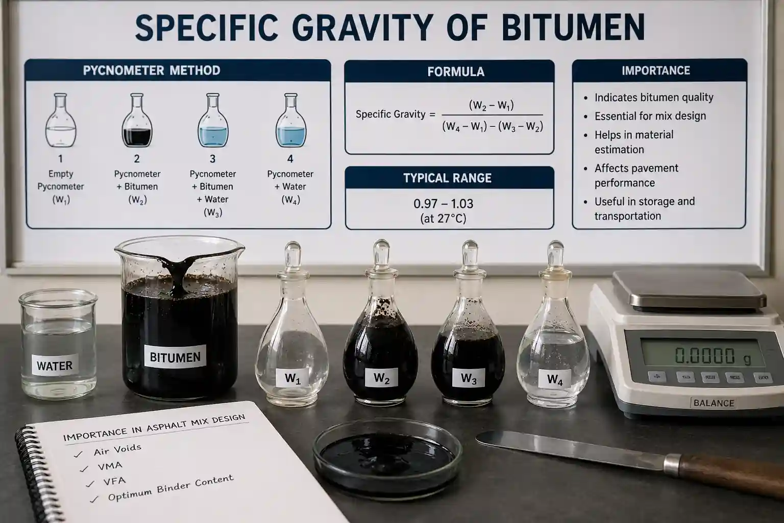 Laboratory equipment and pycnometer method setup for testing the specific gravity of bitumen